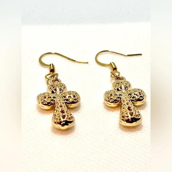 NWT Gold Cross Earrings Drop Dangle Textured 3D 18k gold plated hook boutique - Picture 8 of 10